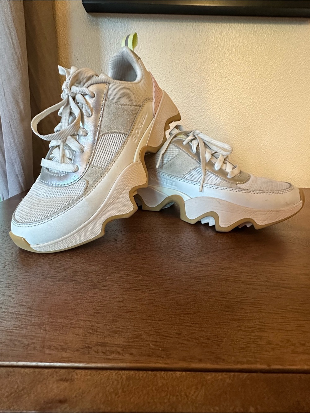 Sorel White and Light Tan Chunky Lace-Up Platform Sneakers